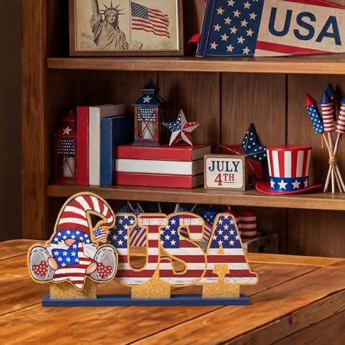 Smile Patriotic USA Wooden Standing Decor Set, 2-Piece 4th of July Tiered Tray Tabletop Signs with Gnome for Independence Day