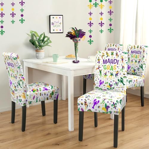Mardi Gras Chair Covers Set of 4,Carnival Dionysia Chairs Slipcover for Dining Room, Removable Washable Breathable Cover in the Kitchen Restaurant Holiday Decor