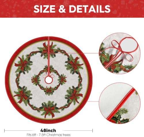 AVOIN colorlife Christmas Tree Skirt 48 Inch, Christmas Ribbon Holly Winter Holiday Tree Mat Decoration