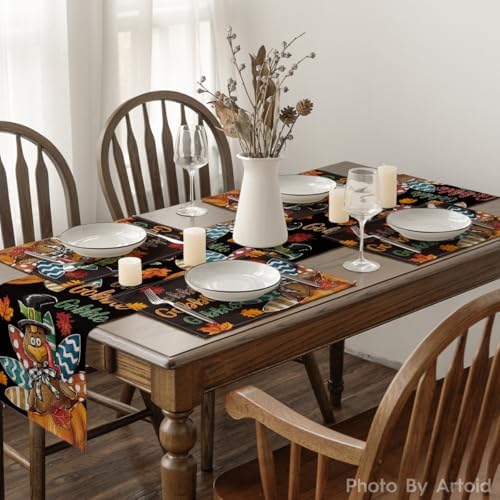 Artoid Mode Black Gobble Turkey Maple Leaves Thanksgiving Placemats Set of 4, 12x18 Inch Fall Harvest Table Mats for Party Kitchen Dining Decoration