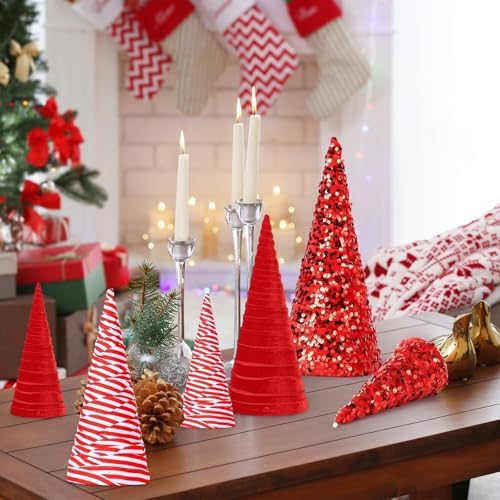 6 Pcs 12" 10" 6" Christmas Red White Velet Cone Tree Decoration Christmas Glitter Table Tree Farmhouse Tree Tiered Tray Ornament Xmas Tree for Home Holiday Entryway Tabletop Tree Centerpiece Decor