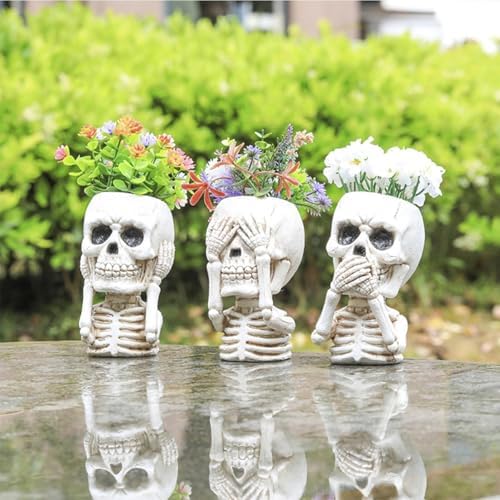 JOYO Halloween Planter Pot Decor - Skeleton Flower Planter Pot,Pumpkin Bucket Vase,Cute Skull Bucket Vase,Skull Candy Bowl Gothic Ornaments for Home Indoor Outdoor Garden (01 Cute Skull)