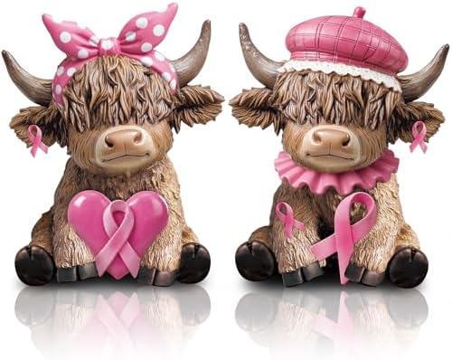 Karenhi 2 Pcs Breast Cancer Awareness Highland Cow Figurines, Pink Ribbon