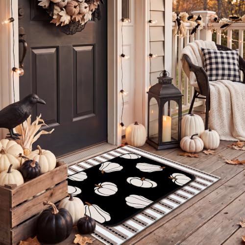 Tinideya 2 Pcs Halloween Layered Doormat Set, Neutral Pumpkin Outdoor Front Door Mat with Striped Layering Rug, Non Slip Fall Halloween Porch Entryway Outside Decor