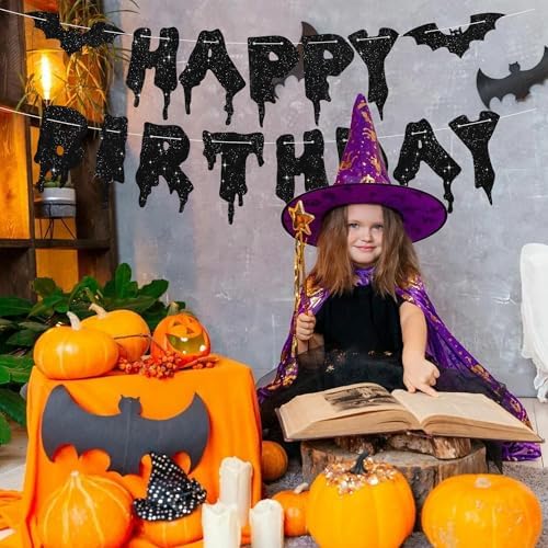 Glitter Black Glitter Happy Birthday Halloween Banner- NO DIY - Halloween Hanging Paper Garland Bunting Banner Decorations, Party Supplies for Kids Boy Girl Birthday