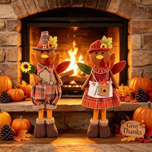 2 Pack Standing Thanksgiving Turkey Couple with Stretchable Legs 23" to 28"