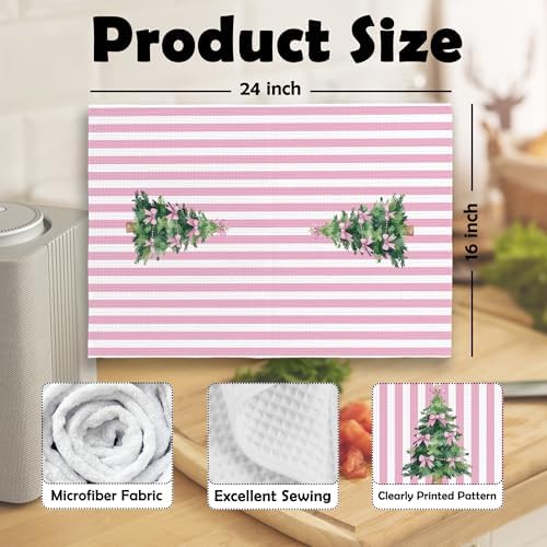 XPH Coquette Pink Bow Christmas Tree Kitchen Dish Towels Set of 2, Christmas Kitchen Gifts, Preppy Pink Bow Xmas Tree Hand Towels Tea Towel Decorations, Girly Bathroom Decor, 16x24inch
