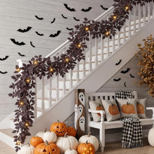 6Ft Plum Fall Garland for Mantle with Lights, Fall Decorations for Home