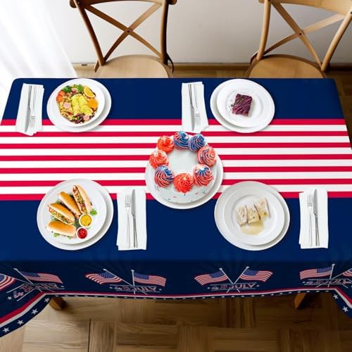 Childom 2 Pack Patriotic Tablecloth,Patriotic Decorations 54" x 108" Disposable American Flag Tablecloth,Plastic Table Cover for Veterans Day Decorations,Fourth of July,Camping,Picnic,Party Supplies