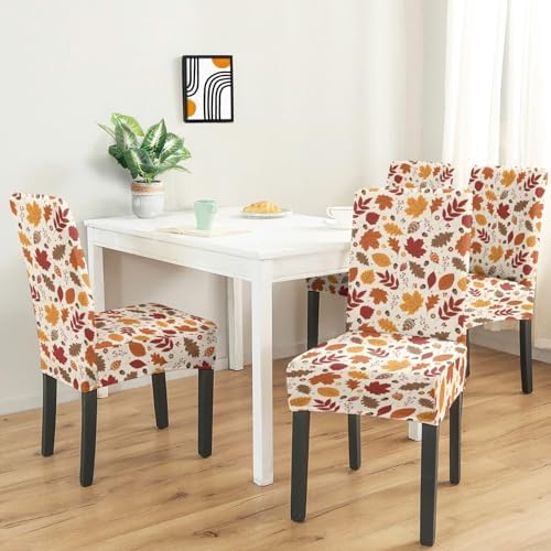 Fall Chair Covers Set of 6,Thanksgiving Parsons Chair slipcovers,Fall Leaves Kitchen Dining Room Decor Chair Seat Cover Protectors(Fall Leaf,6 Pack)