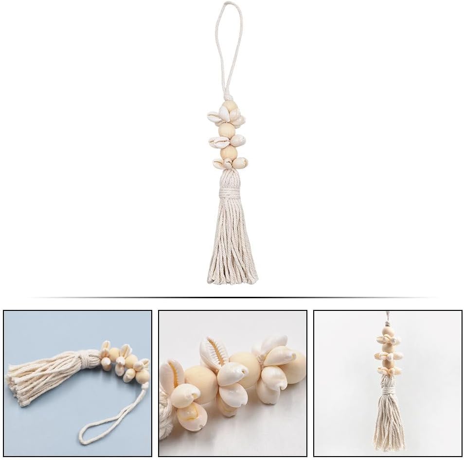 Boho Wood Beads and Shell Tassel Garland Cotton Thread Hanging String / 25 x 1.6 x 1.6 / Cm / Cream