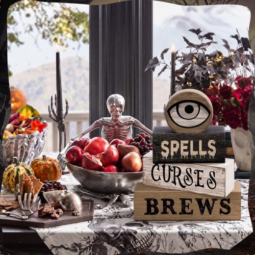 Moucuny 4 Pcs Halloween Table Decor Witchy Wooden Stacked Block Decor