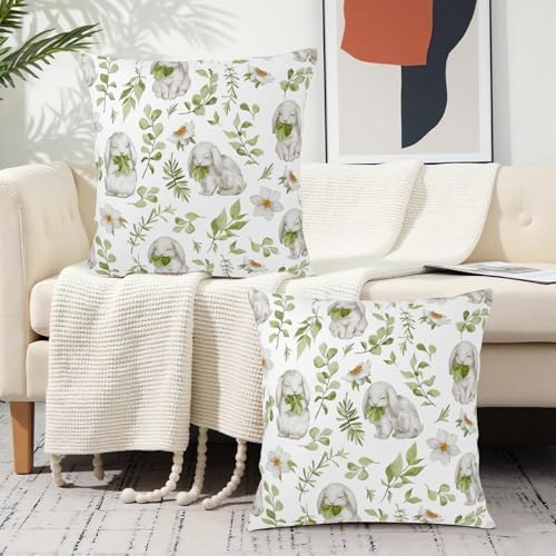 Easter Outdoor Pillow Covers 20x20 Set of 2 Sage Green Bunny Floral Leaf Throw Pillow Covers Spring Rabbit Flower Farmhouse Pillowcase for Home Couch Sofa Decor