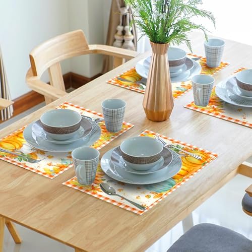 Fall Thanksgiving Placemats Set of 4 18x12 Inch Autumn Pumpkins Maple Leaves Linen Place Mats Heat-Resistant Washable Wipeable Orange Plaid Table Mat for Party Kitchen Dining Room Dinner Table Decor