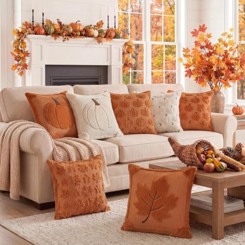 Fall Beige Pillow Covers 18x18 Set of 2 Double-Sided Pumpkin Plush