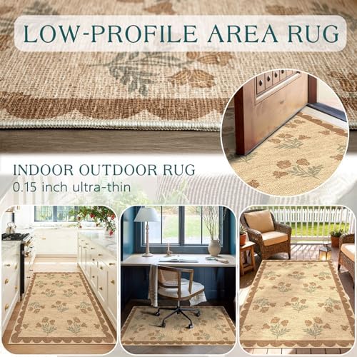 3x5 Floral Entry Rug - Small Washable Indoor Outdoor Mats for Front Door Non-Slip Jute-Look Porch Rug Boho Tan