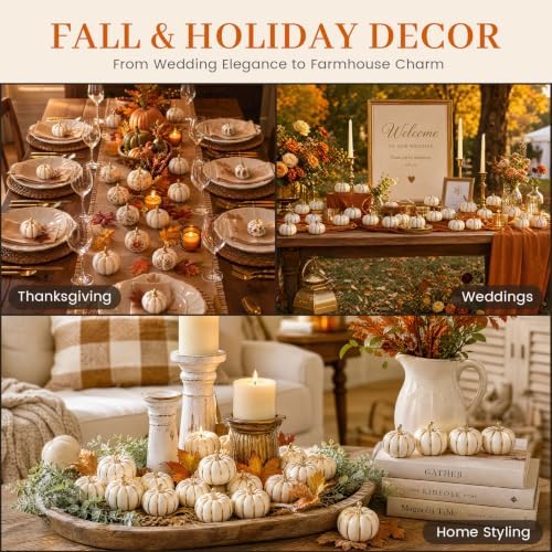 DomeStar 10 PCS White Foam Pumpkins with Gold Lines, Artificial Pumpkins
