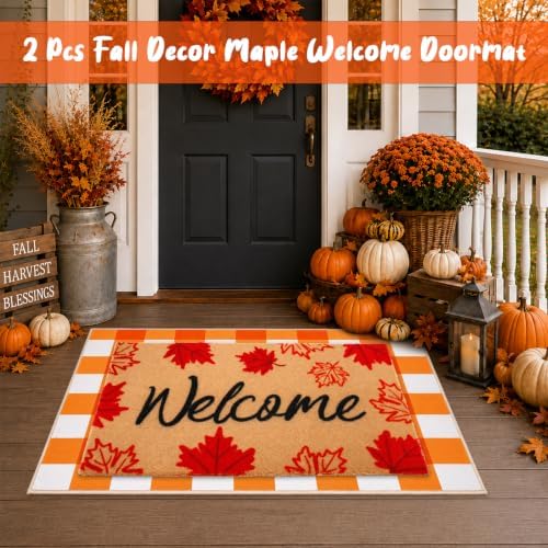 2 Pcs Fall Maple Leaf Welcome Doormat-Fall Decor Orange White Door Mat Set