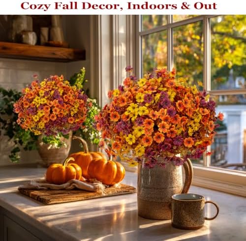 AXYLEX Artificial Fall Flowers Outdoor Fake Mums Brown Orange Yellow