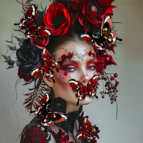 Halloween Butterfly Wall Stickers Skull Rose 3D Butterflies Wall Decoration Red Butterfly Designs Holiday Gift Decor for Party Home Office Shop Decorations Supplies-12 Pcs