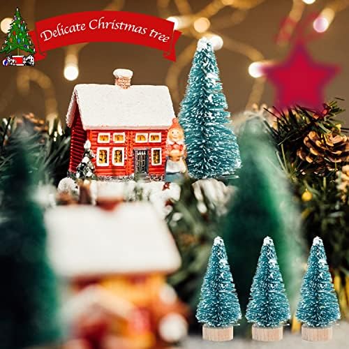 72 Pcs Mini Artificial Christmas Sisal Snow Trees with Wood Base, Blue-Green