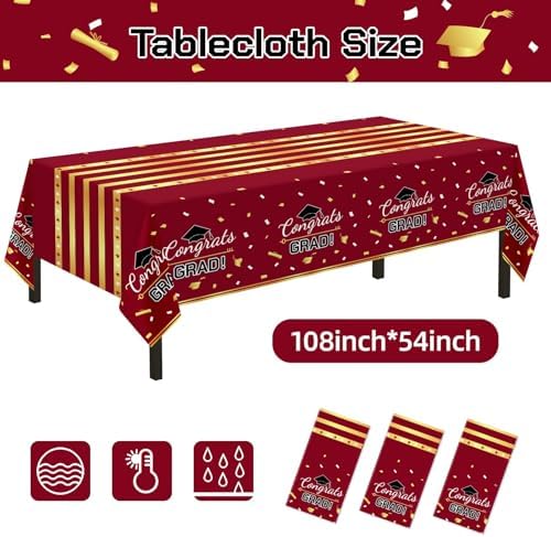 Childom 3 Pack Graduation Tablecloth,Graduation Decorations 2026 Graduation Party Decorations,54"x108"Wine Red and Gold Graduation Decorations,Disposable Plastic Table Cloth Rectangle for Grad Party
