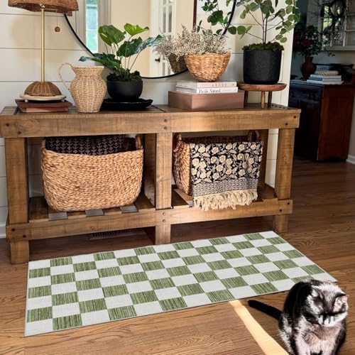 Front Door Mat Indoor Entrance - 2x4.3 Ft Green White Checkered Rug