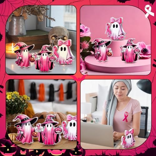 Redbaker 3 Pcs Pink Ghost Halloween Table Decor, Breast Cancer Awareness