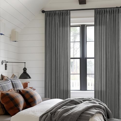 Dark Grey 80 Inch Pinch Pleated Linen Semi Sheer Curtains 2 Panel Set