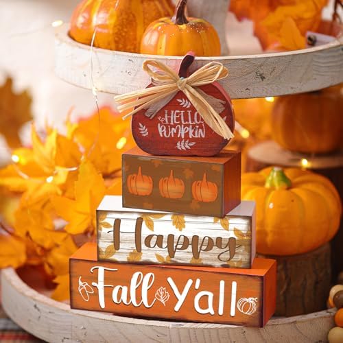 4 Pcs Fall Decor Home Pumpkin Wooden Sign Hello Fall Tiered Tray Decor