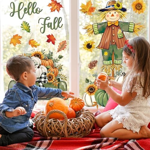 Whaline 6 Sheets Hello Fall Window Clings Green-Orange Scarecrow Maple Leaves Pumpkin Truck Reusable Window Decals for Autumn Harvest Thanksgiving Home Office School Decor