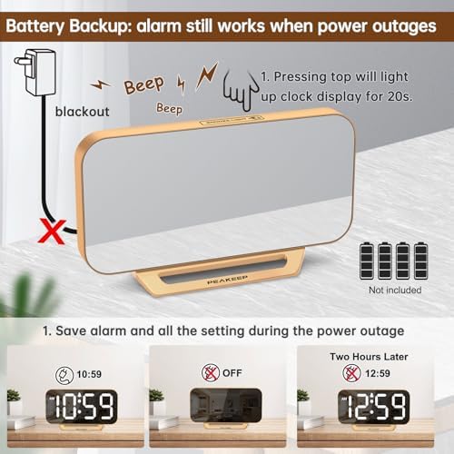 Peakeep Slim Digital Mirror Aesthetic Alarm Clock for Bedrooms Desk Decor
