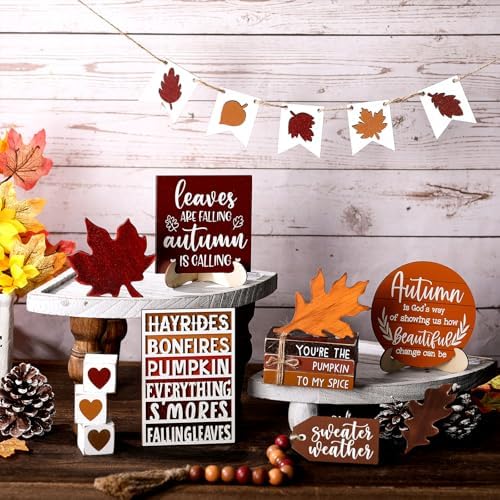 FairySandy 19 Pcs Fall Tiered Tray Decor Set, Maple Leaf
