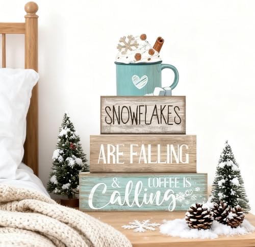 Moucuny 4 Pcs Wooden Block Signs Farmhouse Table Decor Winter Coffee Cup