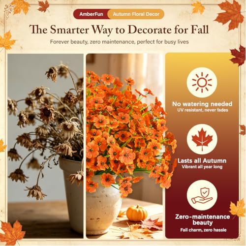 24PCS Artificial Fall Flowers for Outdoors, Fake Mums, Orange