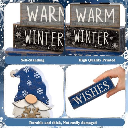 Lineshading 4 Pcs Winter Gnome Wooden Sign Blue Tiered Tray Decor Farmhouse