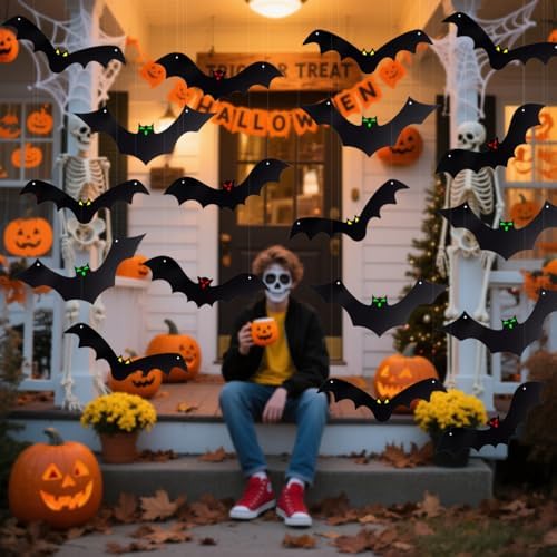 18Pcs Hanging Bats Halloween Decorations Outside Large Bat Outdoor Decor