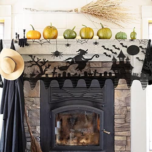 Halloween Mantle Scarf for Fireplace - Lace Witch Hat Haunted House Ghost Cover Garland Runner for Living Room - Gothic Indoor Decorations (Black)