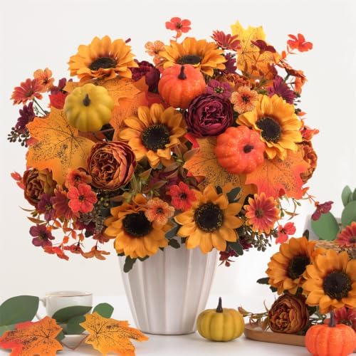 Mixed 12 Pcs Fall Artificial Flowers, Sunflower Peony Bouquet with Maple Leaves Pumpkins, Autumn Faux Floral Arrangements for Table,Thanksgiving, Halloween, Porch Planters, Garden Patio Outdoors Decor
