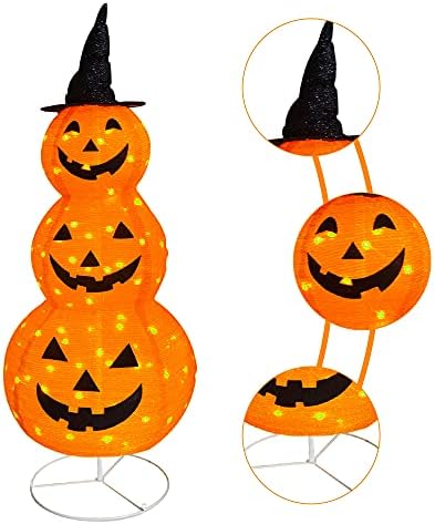 FUNPENY Halloween Collapsible Pumpkin Decorations, Pre-Lit Light Up Pumpkin with Hat, Pop Up Jack-o-Lantern with Metal Stand for Indoor Outdoor Yard Holiday Decor (5FT Pumpkin)