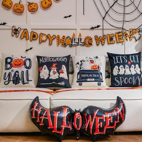 Hongsome Ghost Halloween Decor-Throw Pillow Covers 20x20 in Set of 4,Spooky Gothic Linen Pillow Case for Couch Fall Christmas Holiday Outdoor Burnt Orange Black White Decorations (Black, 20"x20")