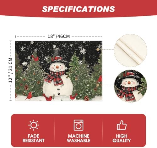 Artoid Mode Snowman Trees Blue Christmas Placemats for Dining Table, 12 x 18 Inch Seasonal Black Winter Birds Xmas Holiday Washable Table Mats Set of 6