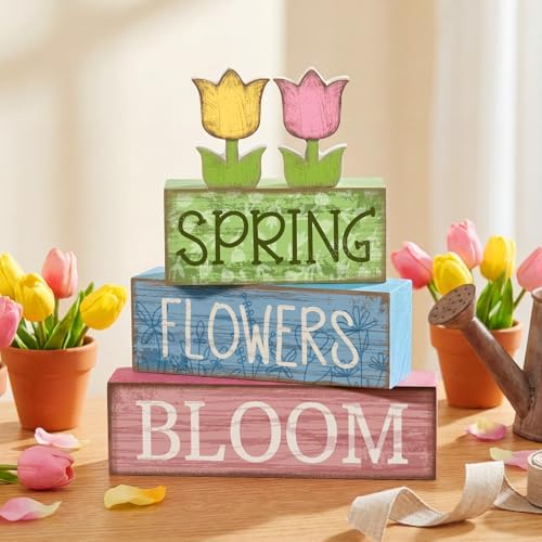 Moucuny 4 Pcs Spring Wooden Block Signs Farmhouse Table Tiered Tray Decor