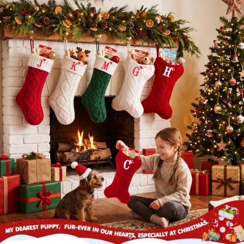 Christmas Stockings with Initials, Letter R Pet Cat Dog Name Bone Shape Knitted Xmas Stockings, Christmas Party Fireplace Family Hanging Stocking Decorations(1 Pack, Red)