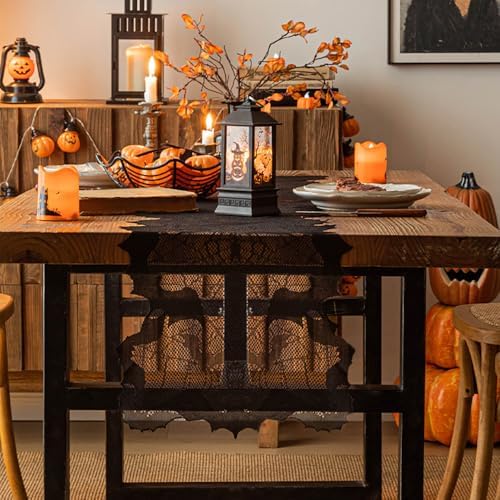 Halloween Table Runner - Black Lace with Spider Web & Bat Design, Elegant Lace Runner for Halloween Parties, Weddings & Spooky Home Decor (Purple Spider Web)
