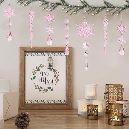 20pcs Crystal Christmas Ornaments for Christmas Tree Decorations-Light Pink Hanging Acrylic Snowflake and Icicle Ornaments with Drop Pendants for New Year Party Decorations Supplies