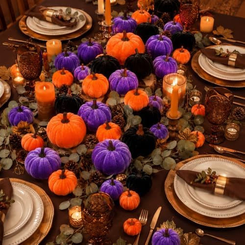 Weysat 24 Pcs Classic Artificial Pumpkins Fall Decor, Orange Purple Black