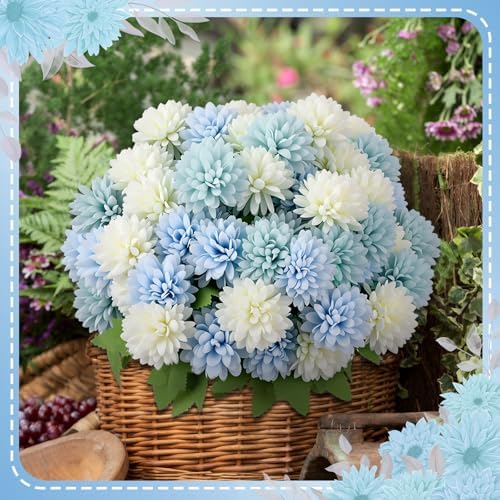 XunYee 12 Pcs Blue Artificial Flowers for Outdoor,Silk Chrysanthemums