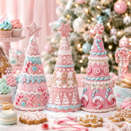 Simgoing 3 Pcs Pink Gingerbread Christmas Tree Figurines Pastel Table Decor