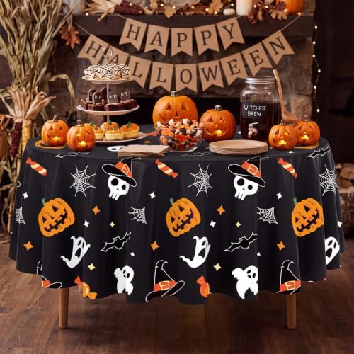 6 Pack Halloween Tablecloth, 84" Round Plastic Pumpkin Ghost Table Cloth Large Size Round Halloween Table Covers for Home Decor Halloween Party Decorations